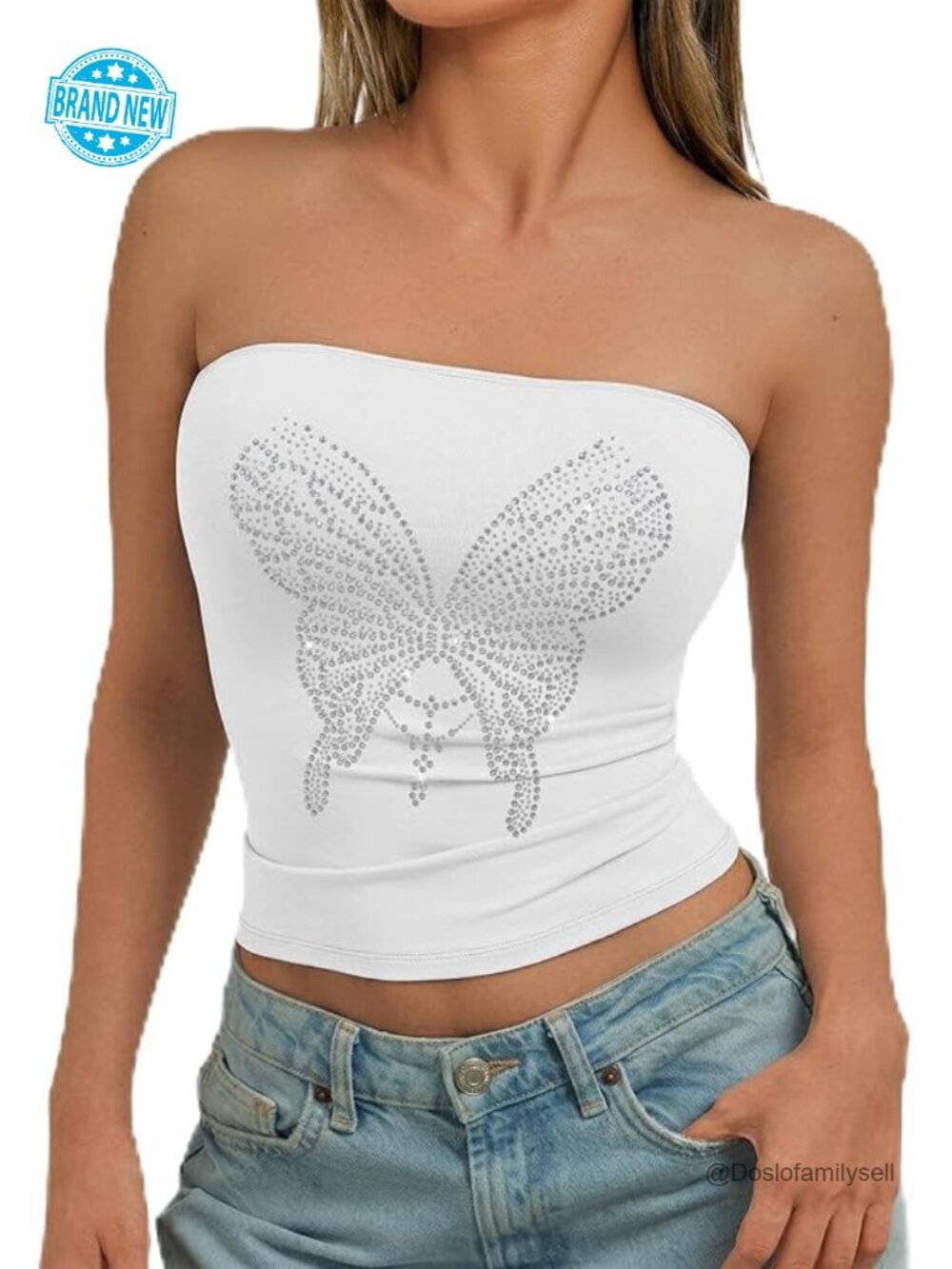 Y2K Butterfly Rhinestone Tube Top Slim Fit Bandeau Crop Top Strapless